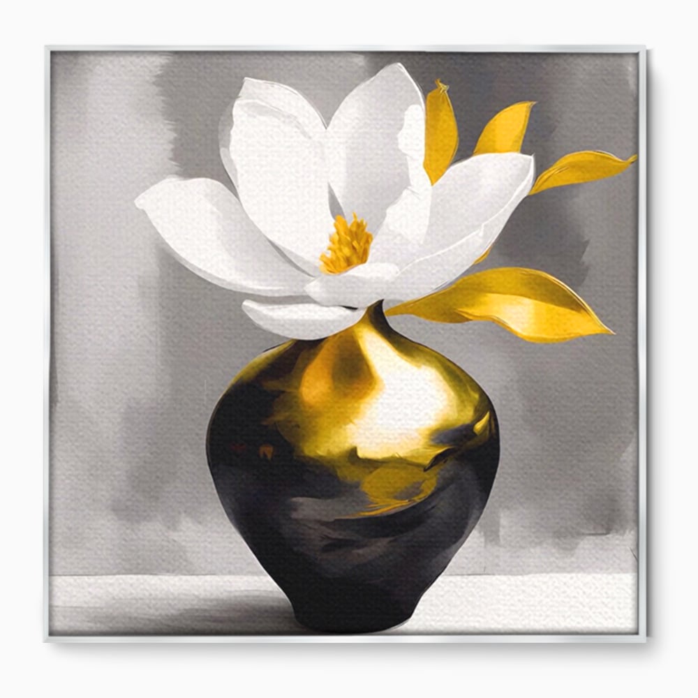 Tablou canvas cu tablou canvas cu floare si vaza aurie, in rama de aluminiu argintiu